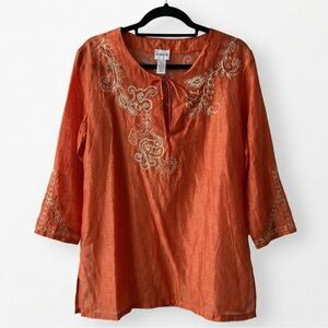 Chico's Orange Silk Blend Gold Embroidered Tunic Top Boho Art to Wear Size 1 (M)